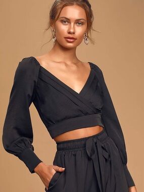 Lulus Completely Into You Black Satin Faux Wrap Crop Top Black Size M
